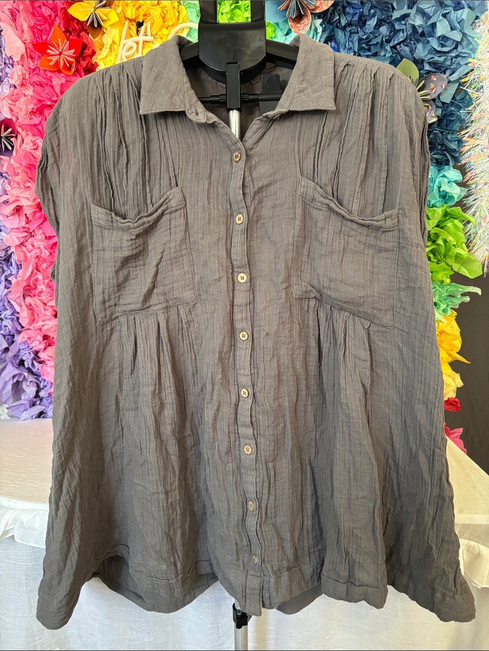 Free People Oversized Women's Gray Button-Front Gauze Shirt Tunic